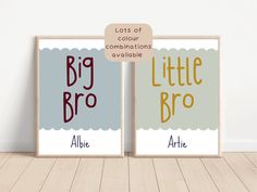 two posters with the words big bro and little bro in different font styles on them