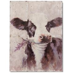 a painting of a cow with wings on it's face and nose, looking at the camera