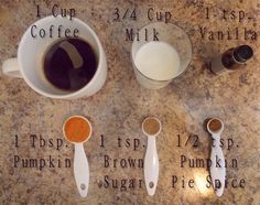 the ingredients to make pumpkin spice coffee are shown