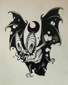 a black and white drawing of a bat flying through the air with its wings spread out