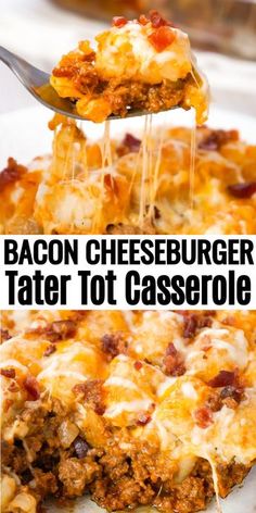 bacon cheeseburger tater tot casserole on a plate with a fork