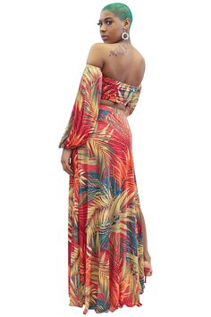 This is a multi-functional, off-shoulder 2-piece maxi skirt set/cover-up that features two deep side splits, long loose puffer sleeves, and a front tie. The maxi skirt has under panties attached. Multicolor tropical pattern. Size range from small to 2x. Great for poolside/vacation wear. Two-piece Flowy Beach Dress, Beach Two-piece Dress With Flowy Skirt, Two-piece Long Skirt Dress For Vacation, Off-shoulder Beach Sets For Spring, Off-shoulder Summer Vacation Sets, Summer Off-shoulder Vacation Sets, Beach Season Maxi Skirt For Beachwear, Beach Season Beachwear Maxi Skirt, Beach Maxi Skirt With Side Slits