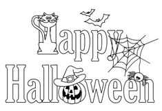 happy halloween coloring page with pumpkins and spider web on the bottom right hand corner