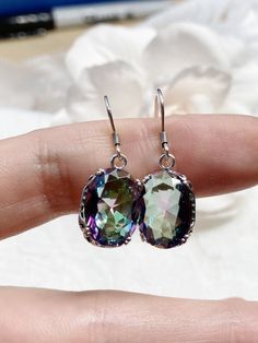 Mystic Topaz Earrings, Sterling Silver Filigree, Edward #E70, Vintage Reproduction Jewelry, Silver Embrace Jewelry Rainbow Colored Oval Jewelry, Rainbow Topaz, Topaz Crystal, Edwardian Jewelry, Edwardian Style, Oval Earrings, Oval Earring, Sterling Silver Filigree, Antique Inspiration