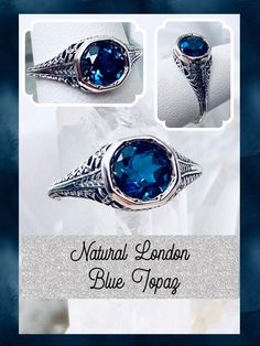 Natural London Blue Topaz Ring Description  Dandelion Design#205 Made To Order This is a stunning Edwardian wedding reproduction gemstone filigree ring. The approximately 1ct Natural London Blue gemstone, of your choosing, is 6mm in diameter. This lovely ring is sterling silver and is marked 925 for sterling. Notice the beautiful craftsmanship of the silver & filigree setting and band. This is an ornate and detailed ring. This is a lovely rendition of an Antique filigree ring, and it is ready to Classic Filigree Blue Topaz Rings, Classic Blue Topaz Filigree Ring, Vintage Blue Topaz Filigree Wedding Ring, Classic Blue Topaz Filigree Ring For Anniversary, Wedding Filigree Sapphire Ring, Vintage Blue Topaz Filigree Ring For Wedding, Round Sapphire Filigree Wedding Ring, Blue Sapphire Ring With Intricate Design For Wedding, Intricate Design Sapphire Ring For Wedding