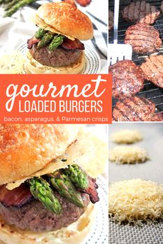 grilled burgers with bacon, asparagus and parmesan crispes