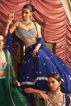 Electric blue attached cancan lehenga with mirror, bead, cutdana embroidery in geometric pattern. Paired with sweetheart neck padded blouse and dupatta. - Aza Fashions Mirror Work Lehenga, Embroidery Mirror, Cut Blouse, Work Lehenga, Vacuum Storage, Embroidered Lehenga, Indian Wedding Wear, Lehenga Blouse, Embroidered Dupatta