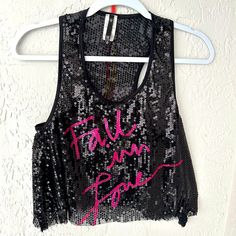 Stunning “ Love Culture “ Black Sequin Summer Top With Pink “Fall In Love” Lettering. Gorgeous Size Medium New Cute Black Party Tops, Fun Black Party Tops, 2000s Clothing, Summer Crop Top, Pink Fall, Love Culture, Summer Crop Tops, Black Sequins, Summer Top