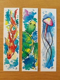 three watercolor paintings of different types of animals and jellyfishs, each with an individual's own name