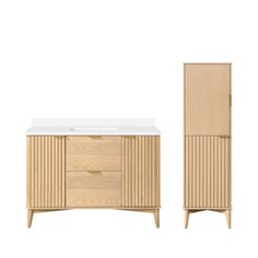 a wooden cabinet with two doors and a white sink in front of it on a white background