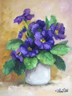 an oil painting of purple flowers in a white vase on a beige background with green leaves