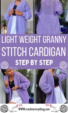 Crochet Light Weight Granny Stitch Cardigan Lightweight Yarn Crochet Patterns Free, Easy Beginner Crochet Cardigan, Lightweight Crochet Cardigan Pattern, One Piece Crochet Cardigan, Crochet Vest Cardigan, Crochet Lightweight Cardigan, Cardigan Crochet Ideas, Granny Stitch Cardigan Pattern Free, Light Crochet Cardigan