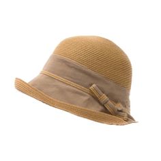 Cute fine straw summer cloche hat. Cotton ramie fabric mid-crown and brim. Asymmetrical facesaver style brim that disappears in back. Brim is straw trimmed and turned up. Shapeable, 3" wide brim. Dome crown. Small ramie and straw bow accent on side. Packable, crushable hat made for travel. Rated as excellent UPF 50+ sun protection hat. One size. 50% paperstraw, 25% cotton, 25% ramie Lightweight Brimmed Hat, Lightweight Straw Hat With Curved Brim, Lightweight Brimmed Sun Hat, Beige Brimmed Panama Hat, Brown Bucket Hat For Summer, Classic Cloche Hat For The Beach, Brown Summer Cloche Hat With Curved Brim, Beige Cloche Hat For Vacation, Summer Brown Cloche Hat With Curved Brim