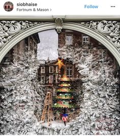 a christmas tree in front of a window with snow on the ground and trees around it