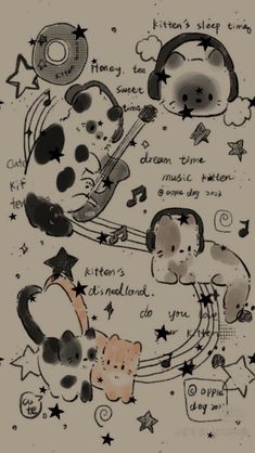 a drawing of some animals and stars on a sheet of paper with words written in it