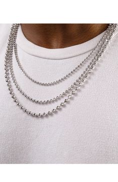 Perfect to layer or wear solo, this crescent-textured ball-chain necklace is crafted in Italy from polished sterling silver for elegant shine. Sterling silver Made in Italy Silver Jewelry With Box Chain And Round Beads, Silver Necklace With Satellite Chain, Silver Necklace With Box Chain And Round Beads, Silver Jewelry With Ball Chain And Round Beads, Silver Jewelry With Round Beads And Ball Chain, Silver Sterling Beaded Chain Necklace, Silver Beaded Sterling Silver Chain Necklace, Silver Necklace With Satellite Chain And Round Beads, Silver Satellite Chain Necklace