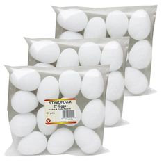 three bags of white foam balls on a white background