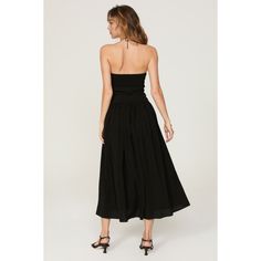 Black rayon blend (77% Rayon, 23% Nylon). A-line. Sleeveless. Halter neck. Side zipper closure. 41" from shoulder to hemline. Imported. Black A-line Strapless Dress For Spring, Chic Lined A-line Strapless Dress, Summer A-line Midi Dress With Back Zipper, Sleeveless Fit And Flare Midi Dress For Day Out, Flowy Sleeveless Midi Dress For Day Out, Rayon A-line Maxi Dress, Spring Sleeveless Midi Dress With Back Zipper, Sleeveless Midi Dress With Flowy Skirt For Day Out, Sleeveless Halter Dress With Back Zipper For Spring