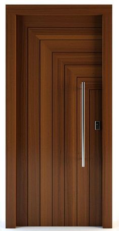 an open wooden door with metal handle on the front and side panels, against a white background