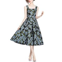 Color/Pattern: Black & Blue Flowers Approximately 45.3in From Shoulder To Hem 100% Polyester Hand Wash Imported Blue Flowers, Color Patterns, Black Blue, Blue Black, Colorful Dresses, Size 2, Hand Wash, Midi Dress, Womens Dresses