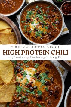 turkey and hidden veggie high protein chili with tortilla chips on the side