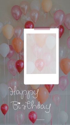 there is a birthday card with balloons floating in the air and an empty photo frame