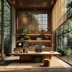 an office with wooden walls and flooring in front of large windows, surrounded by greenery