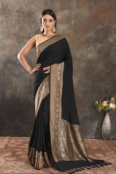 Buy stunning black crepe saree online in USA with zari border. Be vision of elegance on special occasions in exquisite designer sarees, handwoven sarees, georgette sarees, embroidered sarees, Banarasi sarees from Pure Elegance Indian saree store in USA.-full view Sarees Banarasi, Crepe Saree, Indian Saree, Saree Online, Designer Sarees, Banarasi Sarees, Georgette Sarees, Indian Sarees, Sarees Online