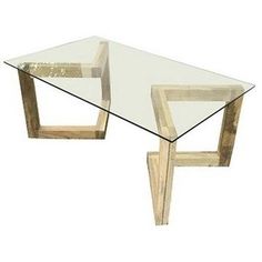 a glass table with wooden legs on it