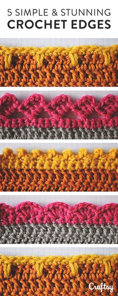 three rows of crocheted stitches with the title, 5 simple and stunning crochet edges