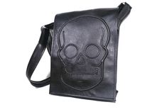 Black skull bag made of black faux leather. Skull bag you can wear it like shoulder bag or crossbody bag. It is a vegan bag. Unusual crossbody bag - messenger bag, made of high-quality faux leather that looks like real leather. Black skull bag is for those who like different and unusual things. Fit perfectly with goth, alternative or biker style. Original design Handmade Inside: viscose lining and inside pocket Bag size: 30.5 x 24 x 5.5 cm 12 x 9.5 x 2.16 inches Adjustable strap 4 cm 1,5 inch Ve Skull Purse, Gothic Bag, Skull Bags, Vegan Bag, Black Goth, Black Skull, Unusual Things, Black Skulls, Vegan Bags