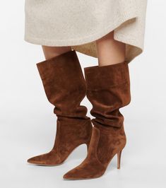 Find GIANVITO ROSSI Hansen 85 Suede Knee-high Boots on Editorialist. Lining: leather. Sole: leather insole and sole. Upper: goat leather. Toe shape: pointed toe. Made in Italy. Designer color name: Texas. Turtleneck Sweater Outfit, Wide Calf Knee High Boots, Thigh High Suede Boots, Suede Boots Knee High, Wide Calf, Goat Leather, Thigh High Boots, Suede Heels, Soft Suede