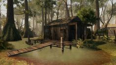 a small cabin in the middle of a swampy area next to a wooden dock