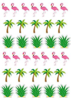 pink flamingos and palm trees stickers on a white background with the same pattern