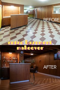 before and after photos of a kitchen remodel with wood cabinets, tile floor