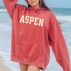 Aspen Hoodie Sweatshirt - Comfort Colors® Brand Hooded Sweatshirt - Colorado Pullover - Plus Size Too Perfect Halloween Holiday Christmas or Birthday gift for your special someone - especially you!  This stylish, unisex, garment-dyed hoodie, is made with 80% ring-spun cotton and 20% polyester. Each Comfort Colors® hoodie sweatshirt features garment-dyed, ring-spun fleece with a 100% cotton face, while the hood is jersey-lined with a color-matched flat cord. It also has a rolled-forward shoulder and a back neck patch. * Luxurious Feel - the fabric is soft and pleasant to touch, and has a subtle luxurious feel. Made from specially spun fibers that make very strong and smooth fabric. * Hooded - with drawstrings, and the hood is lined with jersey fabric with a flat cord tie. * Neck of hoodie - Colorado Hoodie, Clothing Shopping, Shirt Detail, Aspen Colorado, Fete Halloween, Holiday Christmas, Hoodie Sweatshirt, Aspen, Jersey Fabric