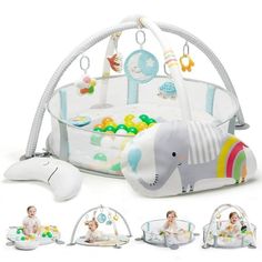 a baby in a playpen with various toys and accessories around the perimeter, including an infant's toy