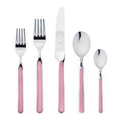 pink and white utensils with spoons and forks