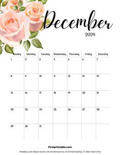 the december calendar with pink roses on it