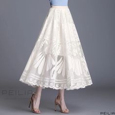 Peilia - Lace-Trimmed Midi Skirt with Flared Hemline and Pleated Tulle Layers Color Office, Luxury Sale, High Waist Skirt, Irregular Hem, Western Boho, Lace Hem, Summer Fabrics, Winter Coats Women, Office Lady