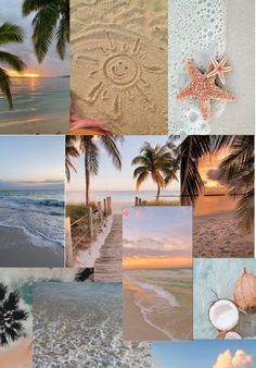 a collage of pictures with palm trees, water and the sun in different shades