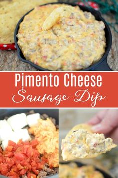 different types of dips with cheese and tomatoes in the bottom one is being scooped from a cast iron skillet