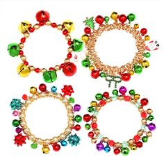 three christmas bracelets with bells, bells and bells attached to each beaded bracelet