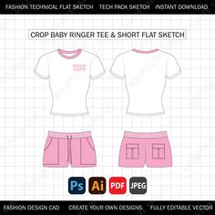 the front and back view of a crop baby ringer t - shirt and shorts