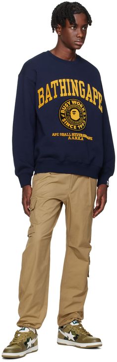 French terry sweatshirt. · Rib knit crewneck, hem, and cuffs · Logo patch and text flocked at front · Logo flag at cuff Supplier color: Navy Bape Outfits, Shark Sweatshirt, Bape Men, College Hoodies, College Sweatshirt, Hoodie Green, Workout Hoodie, Knit Crewneck, Drawstring Hoodie