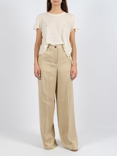 Nine:inthe:morning Karen palazzo trousers, in linen and viscose. - SS24 - Flared fit - High waist - Belt loops at waist - Zip and button closure - Side pockets - Back pockets with flap and button - Logo label embroidered on the back - 72%Viscose 28%Linen Spring Workwear Viscose Wide Leg Pants, Spring Workwear Wide Leg Viscose Pants, High Waist Viscose Pants For Work, High-waist Viscose Pants For Workwear, High-waisted Viscose Pants For Work, Chic Linen Workwear Bottoms, Summer Workwear Wide Leg Viscose Pants, Classic Wide Leg Pants With Straight Hem For Summer, Summer Wide Leg Viscose Pants For Workwear