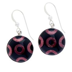 Jay King Black Chalcedony and Pink Thulite Inlay Drop Earrings Pretty pink thulite and beautiful black chalcedony inlaid in a unique, geometric pattern, give these handcrafted earrings a fun, artistic vibe. From Jay King.        Approx. 1-5/16"L x 5/8"W     Stamped .925     Pierced with wire backs     Earrings have circular drops with black chalcedony and pink thulite inlay design     Bezel-set design features inlaid circles and half-circles    Stone Information       All sizes and weights appro Black Jewelry With Inlay For Gift, Black Inlay Jewelry As A Gift, Unique Black Pierced Earrings, Modern Black Round Jewelry, Black Sterling Silver Jewelry With Inlay, Modern Black Jewelry With Ear Wire, Unique Black Round Jewelry, Handmade Black Round Earrings, Unique Round Black Jewelry