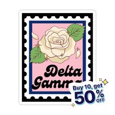 a postage stamp with a white rose on it and the words delta gam buy 10 get 50 % off