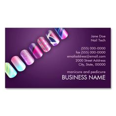 a business card with nail polishes on the front and bottom, in purple tones