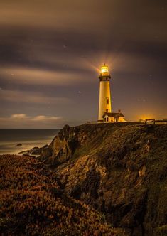 a light house sitting on top of a lush green hillside next to the ocean at night